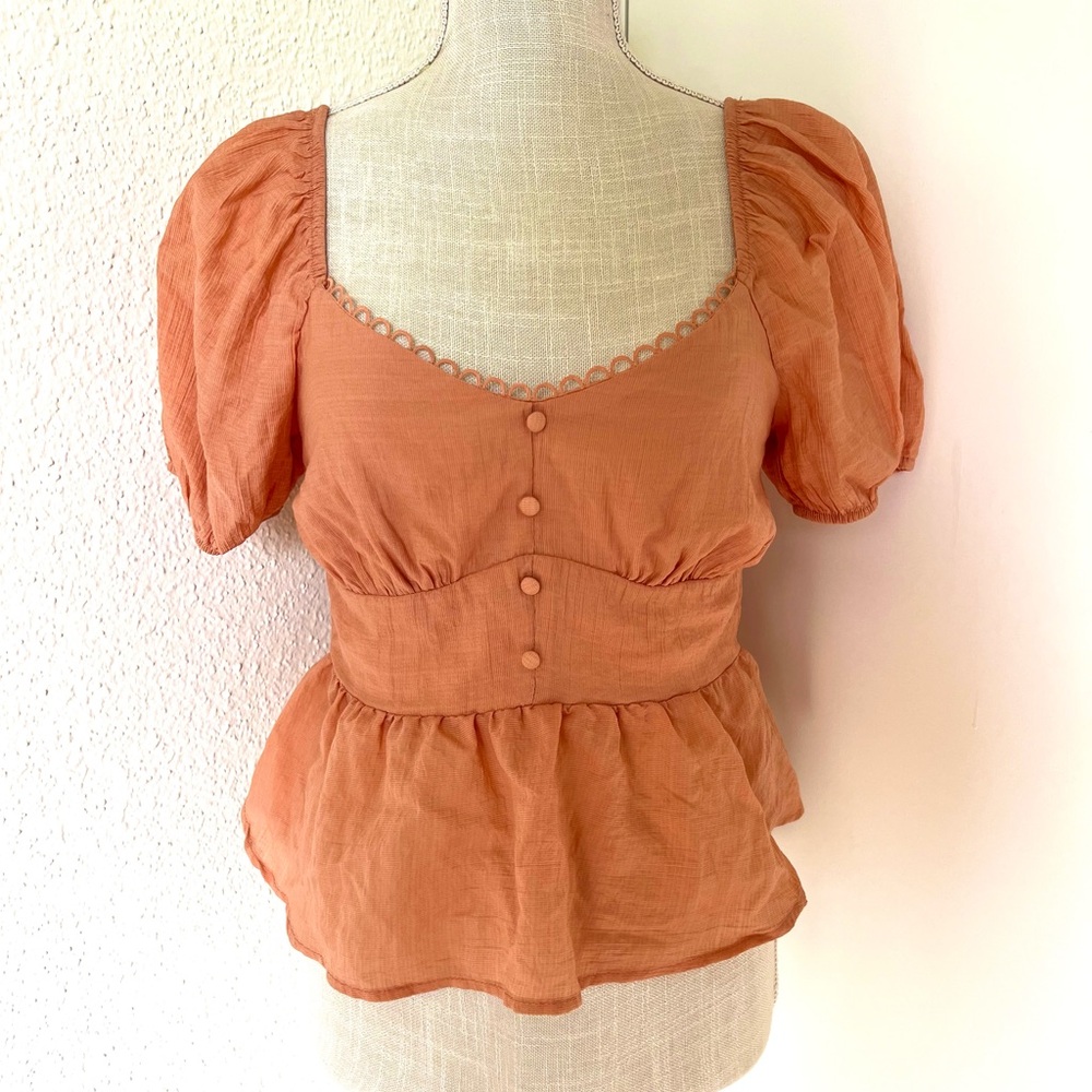 Women's Puff Sleeve Peplum Top - Peach
